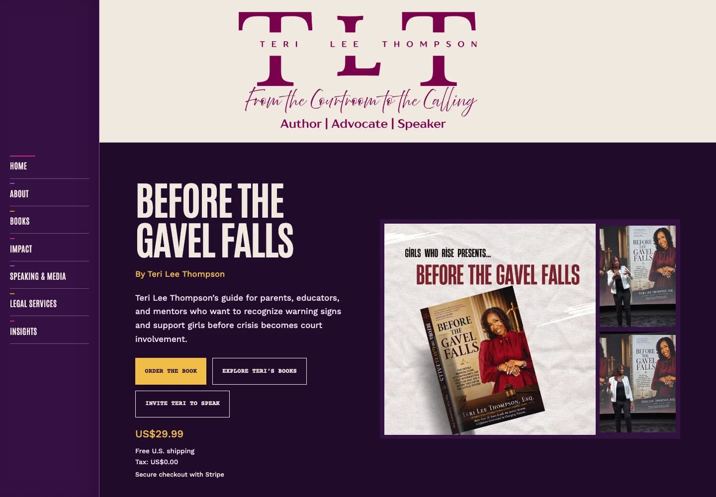 Teri Lee Thompson website, featuring her book Before the Gavel Falls