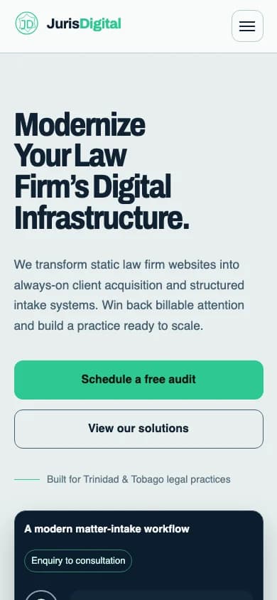 JurisDigital’s mobile homepage with its digital-infrastructure offer and practice-audit link