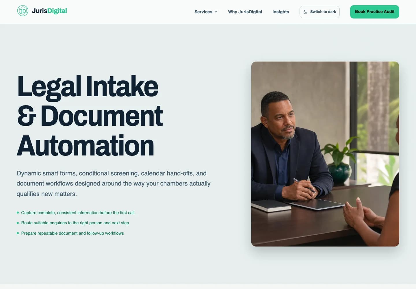 JurisDigital’s intake and automation service page with its introduction, service outcomes, and supporting image