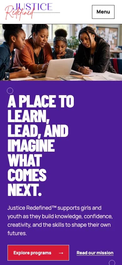 Justice Redefined’s mobile homepage with its youth-development message and programme link