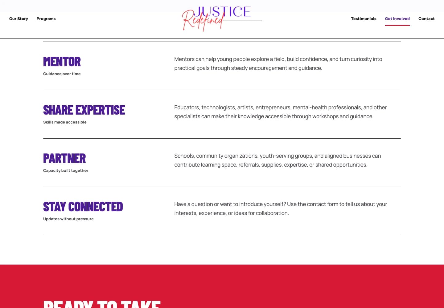 Justice Redefined’s Get Involved page introducing ways to mentor, share expertise, and partner