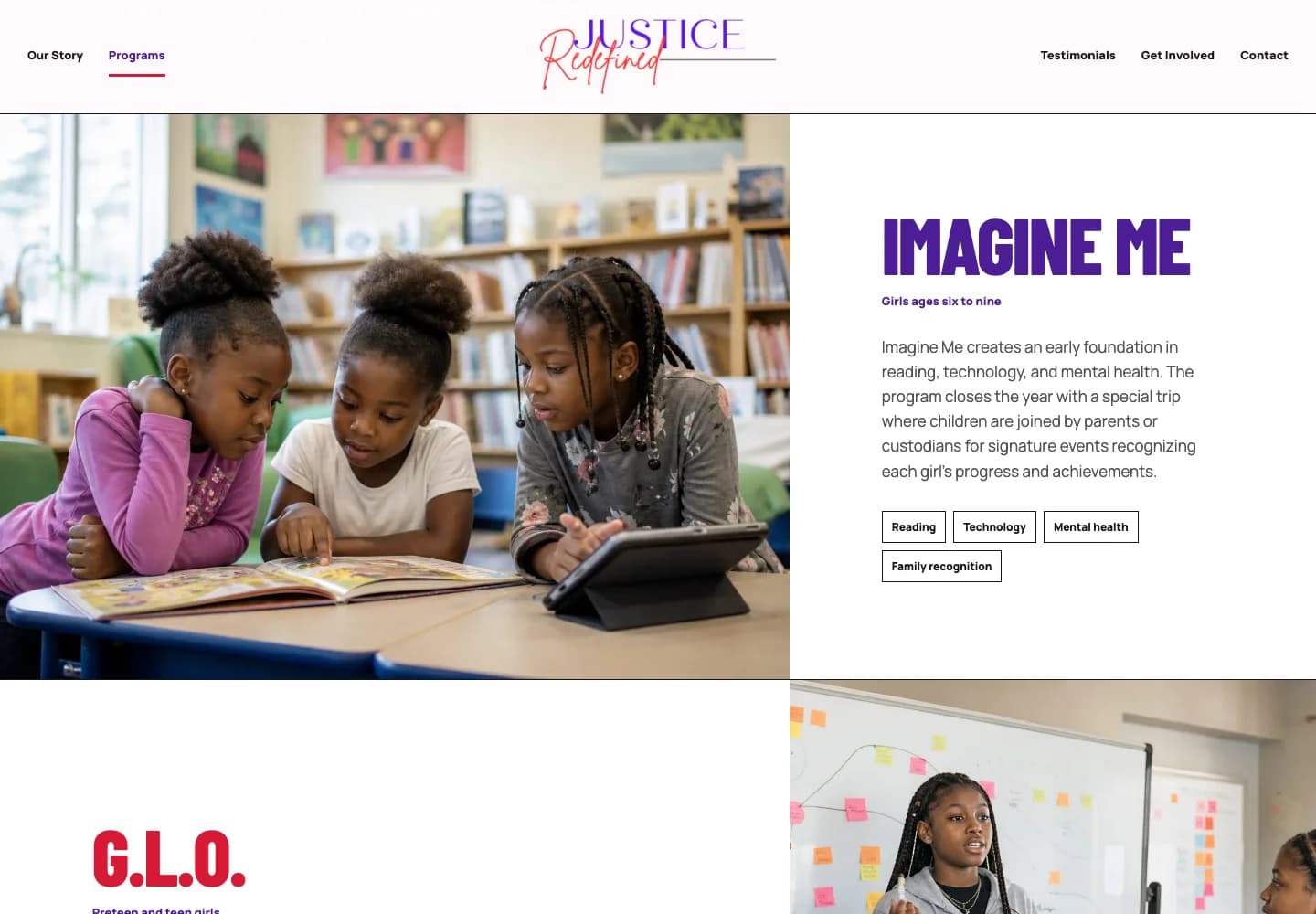 Justice Redefined’s Imagine Me programme page showing its age group, description, and focus areas