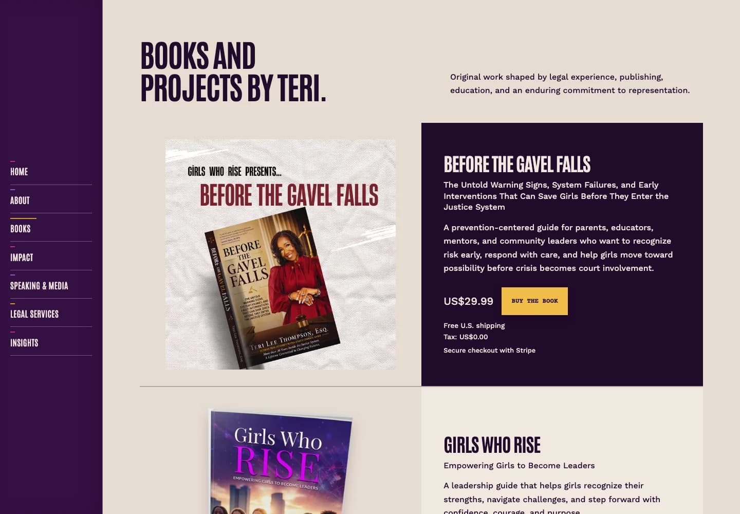 Teri’s book catalogue, with cover artwork, descriptions, and purchase options