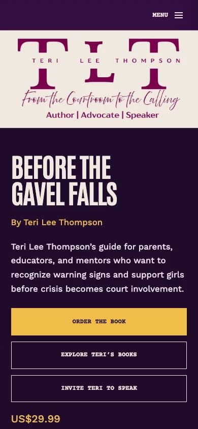 Teri Lee Thompson’s homepage on a phone, showing the featured book and mobile navigation
