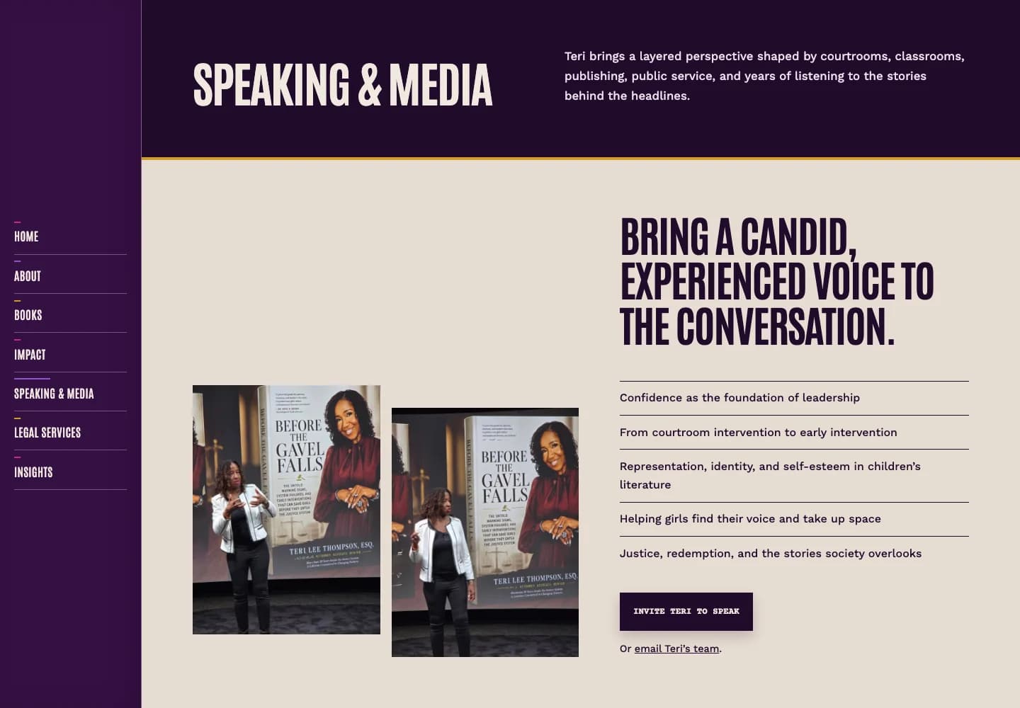 Speaking and media page pairing photographs of Teri speaking with topics and an invitation link